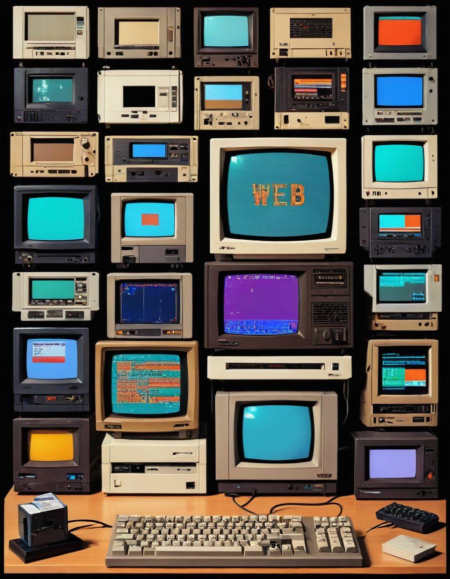 An antique computer screen displaying a vintage 1990s web page with pixelated graphics, retro icons, and nostalgic early internet elements. Surrounding the computer are classic objects like floppy disks, old modems, and CRT monitors. A dimly lit room with warm, nostalgic lighting. pixel art. vibrant colors. white background.