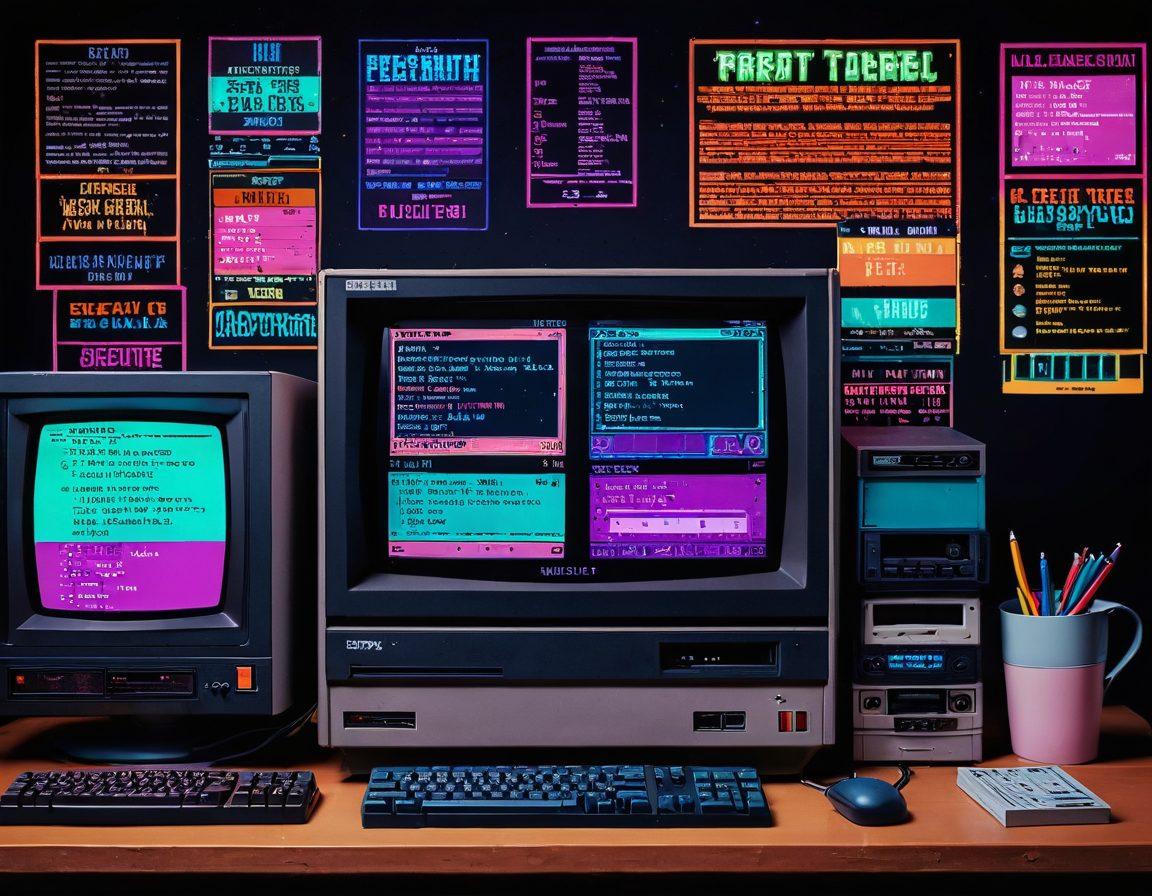 A vintage computer screen displaying a retro website interface from the 90s, with pixelated graphics, neon colors, and classic web elements like animated GIFs and marquee text, set against a background of a cozy room filled with old technology like floppy disks and CRT monitors. pixel art. vibrant colors.