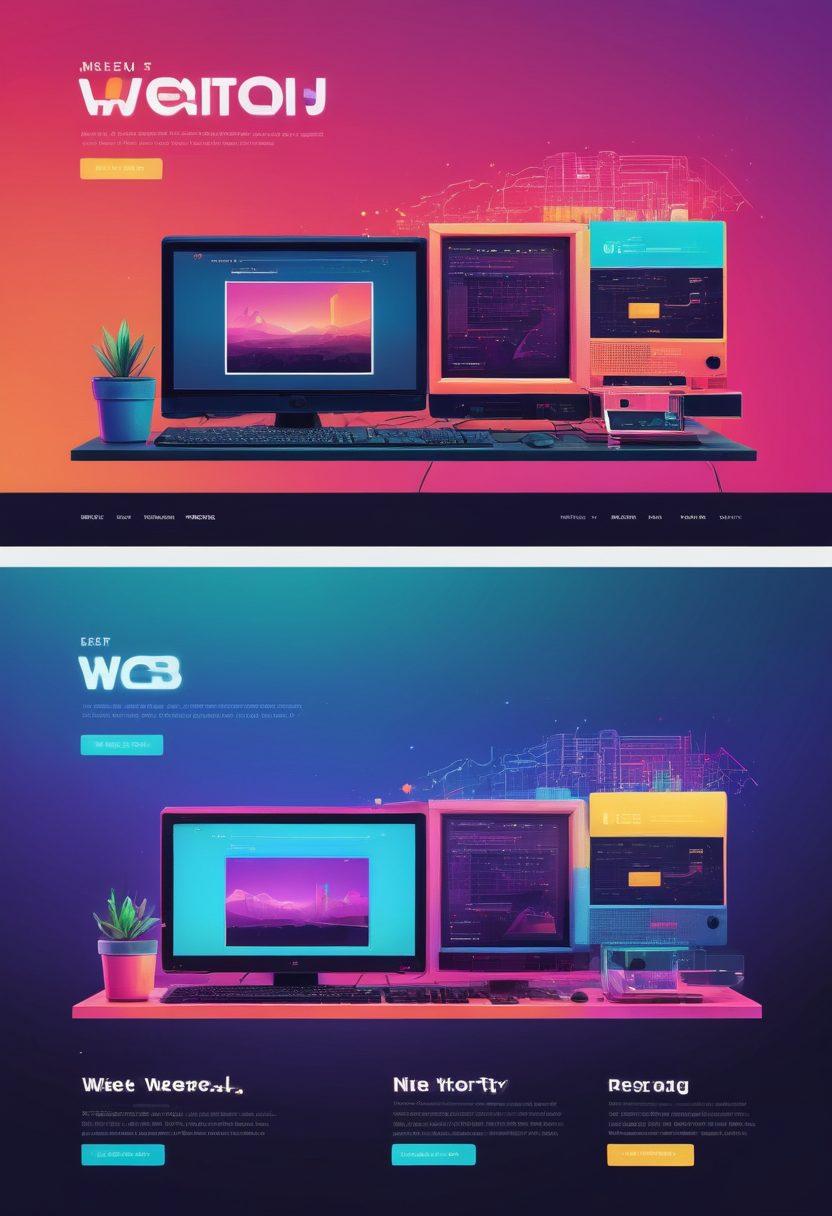 A split-screen image with one side showing an old, nostalgic 90s web design with pixelated graphics, neon colors, and clunky buttons, while the other side shows a modern sleek, minimalist web design with smooth, clean lines and intuitive interface elements. Add subtle visual transitions between the two sides, evoking the evolution of web design. vector art, vibrant colors, white background.